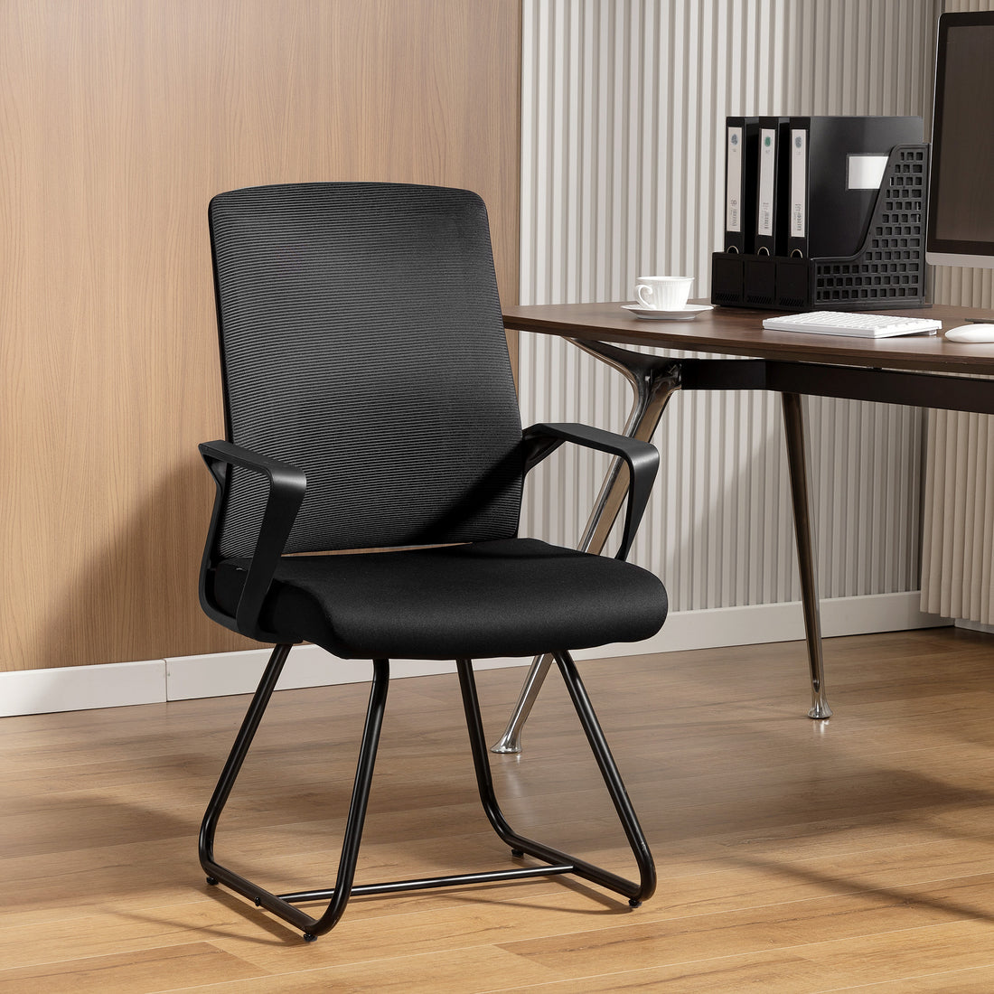 HOMCOM Desk Chair No Wheels, Office Chair with Mesh Back, Lumbar Support, Metal Base for Waiting Room, Conference Room, Black