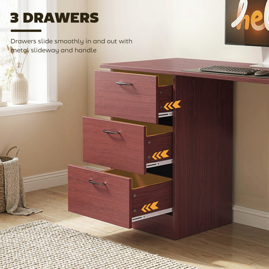 HOMCOM Computer Desk, Writing Table, PC Workstation with 3 Storage Shelves and Drawers, Handle, for Home Office, Walnut Brown