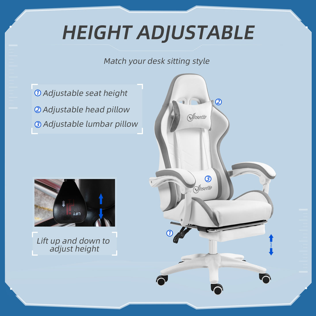 Vinsetto Computer Gaming Chair, PU Leather Desk Chair with Footrest, Swivel Task Chair with 135° Reclining Back, White & Grey