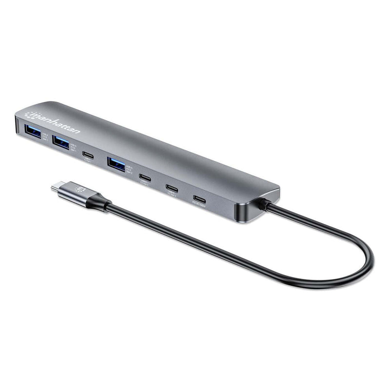 Manhattan USB-C Dock/Hub, Ports (x7): USB-A (x3) and USB-C (x4), With Power Delivery (100W) to USB-C Port (Note additional USB-C wall charger and USB-C cable needed), USB 3.2 Gen 2, All Ports can be used at the same time, Universal, Aluminium, Space Grey
