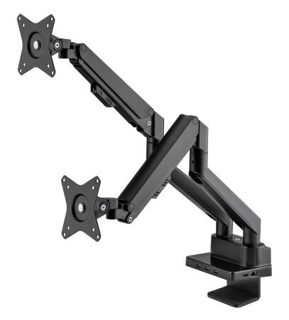 Manhattan Dual Desk Mount for TV & Monitors (Full Motion Gas Spring) with built-in Dock, For screens to 27", Ports (x7): Ethernet,HDMI (x2),USB-A (x3) and USB-C,Power Delivery (100W) to USB-C Port (Separate USB-C wall charger/cable needed),VESA: 75x75 and