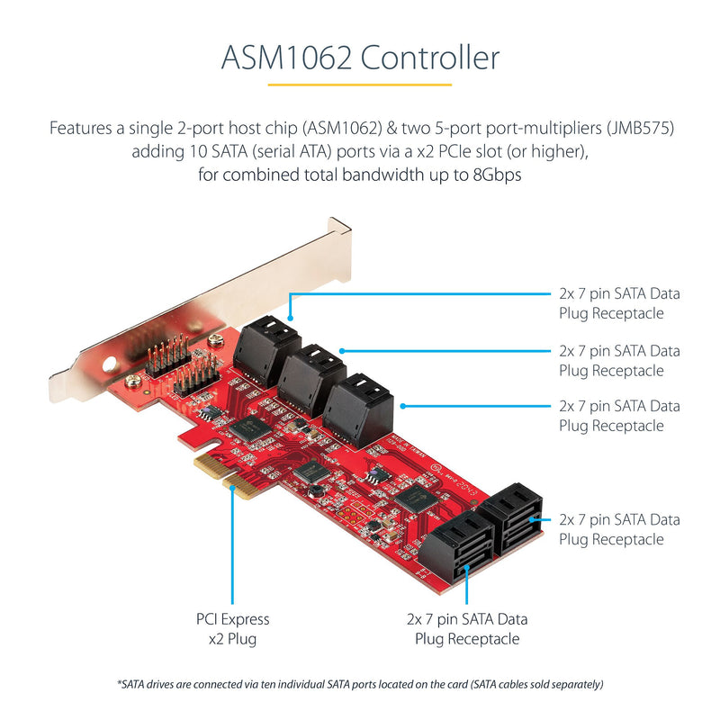 StarTech.com SATA PCIe Card - 10 Port PCIe SATA Expansion Card - 6Gbps - Low/Full Profile - Stacked SATA Connectors - ASM1062 Non-Raid - PCI Express to SATA Converter/Adapter