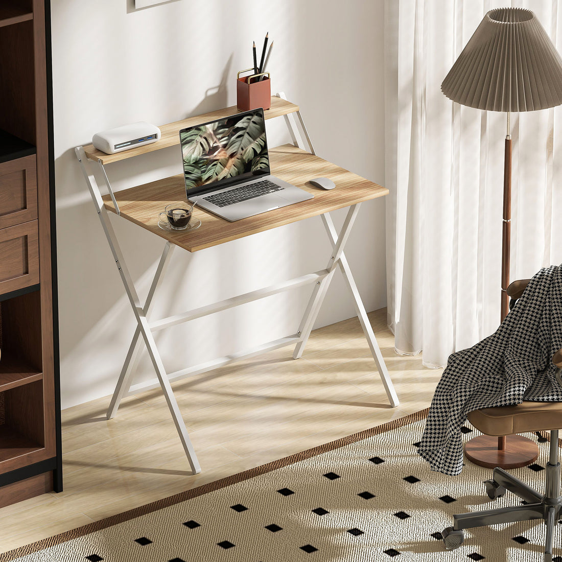HOMCOM 81.5 cm Folding Computer Desk with Monitor Shelf - Natural Wood Finish