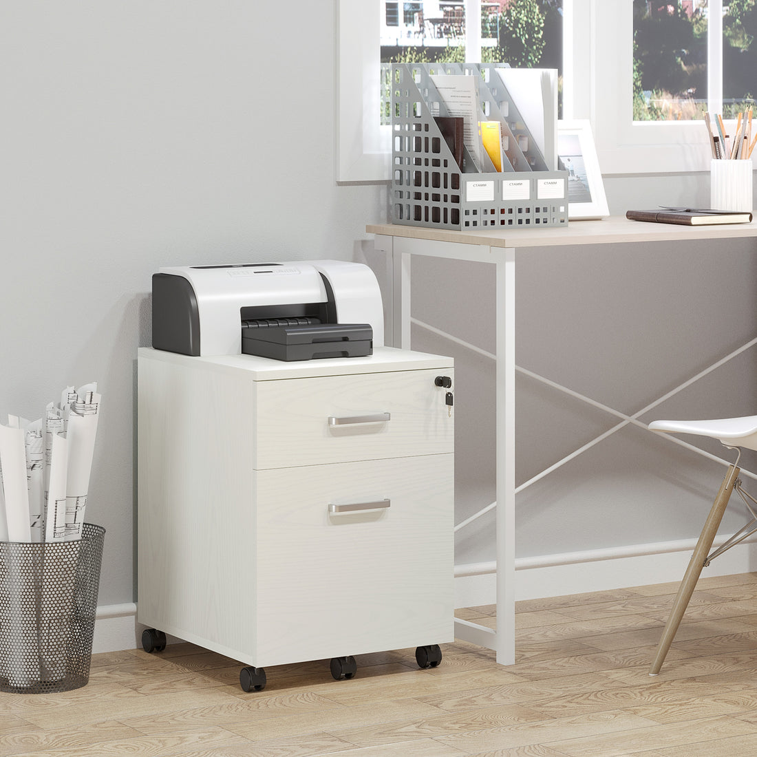 Vinsetto 2-Drawer Locking Office Filing Cabinet w/ 5 Wheels Rolling Storage Hanging A4 Cupboard Home Organisation White Wood Grain