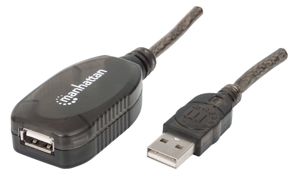 Manhattan USB-A Active Extension Cable, 20m, Male to Female, USB 2.0, 480 Mbps, Hi-Speed USB, Daisy-Chainable, Built-In Repeater, Black, Three Year Warranty, Equivalent to USB2AAEXT20M