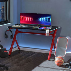 HOMCOM Gaming Desk Computer Table Metal Frame with LED Light, Cup Holder, Headphone Hook, Cable Hole, Red