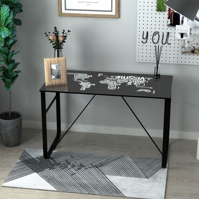 HOMCOM Glass Top Writing Desk with World Map Printing - Black