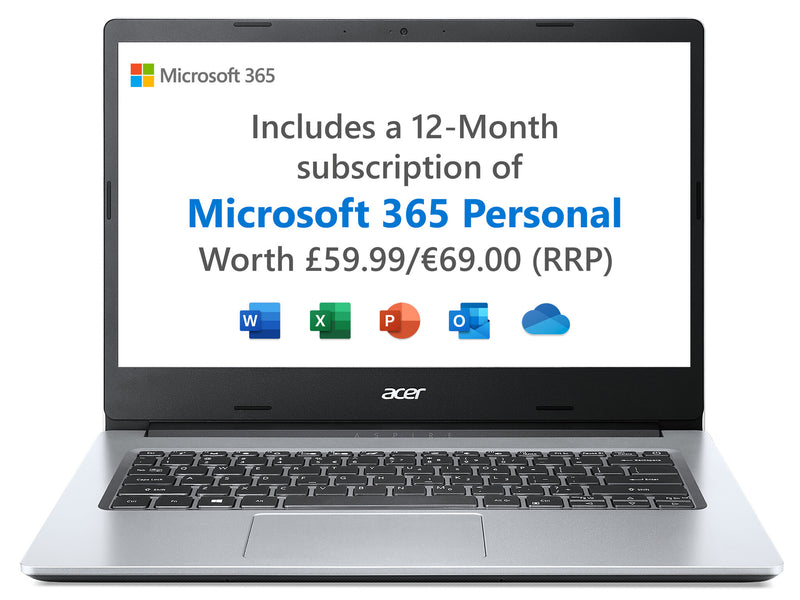 Acer Aspire 1 laptop (A114-33) - Intel Celeron, 4GB, 64GB, 14" HD display, Windows 11, Microsoft 365 Personal