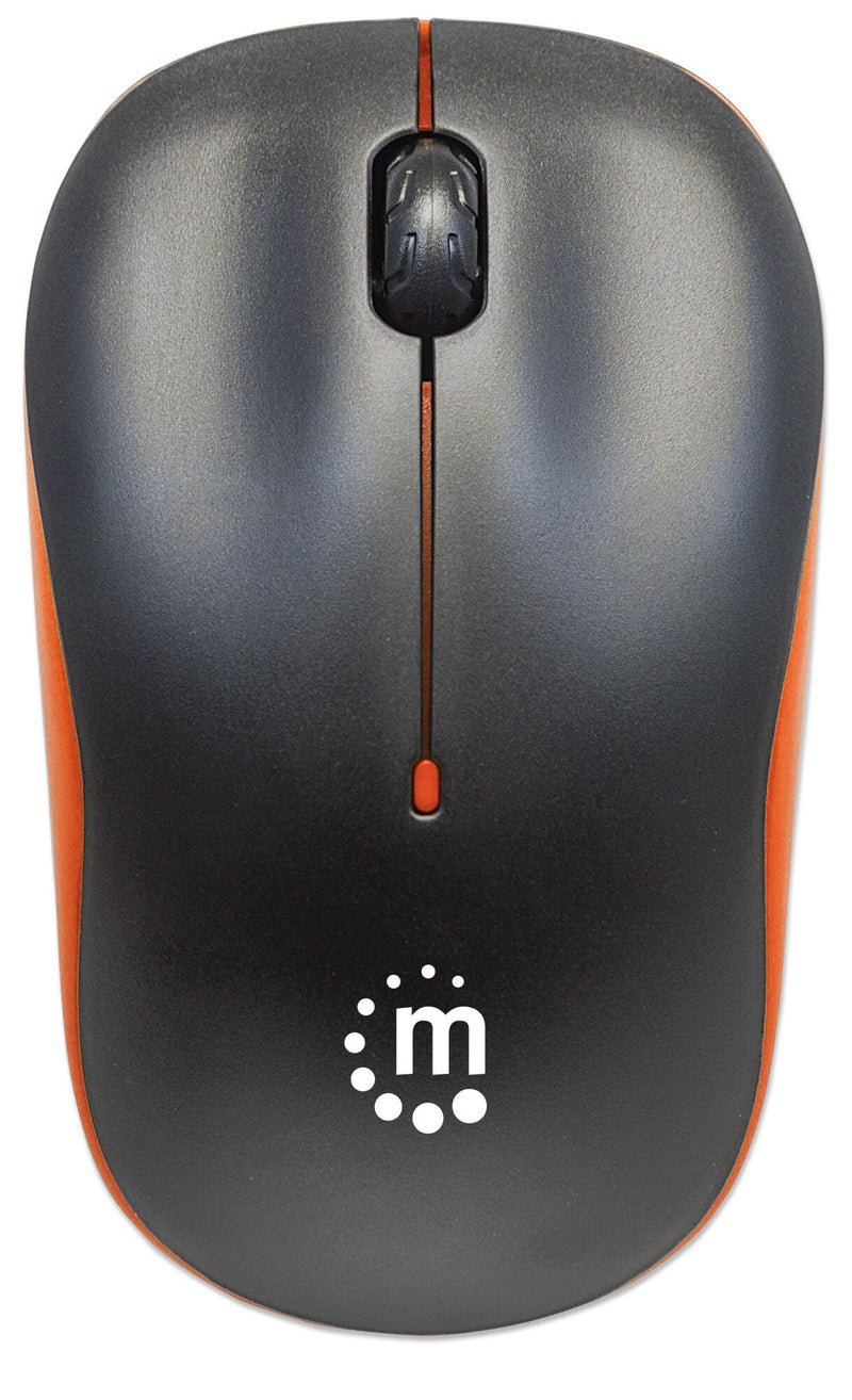 Manhattan Success Wireless Mouse, Black/Orange, 1000dpi, 2.4Ghz (up to 10m), USB, Optical, Three Button with Scroll Wheel, USB micro receiver, AA battery (included), Low friction base, Three Year Warranty