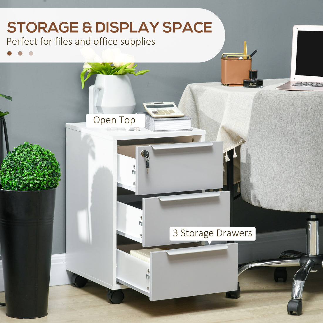HOMCOM Three-Drawer Locking Filing Cabinet - Grey/White