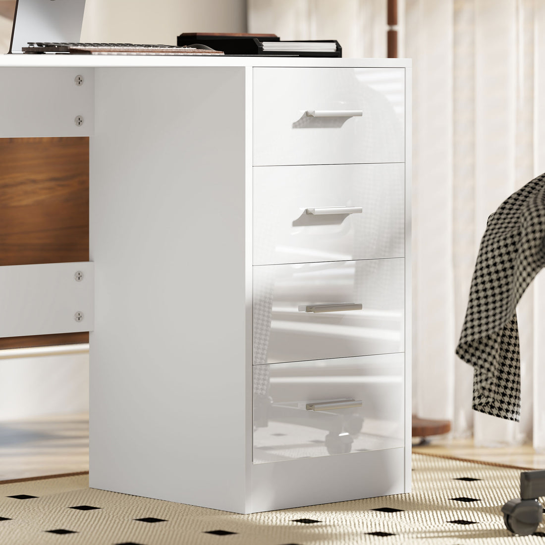 HOMCOM Computer Desk with Drawers, Dressing Table, High Gloss Home Office Writing Workstation, White