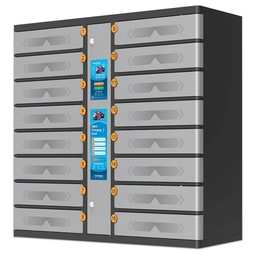 Manhattan Kiosk Laptop Charging Cabinet USB-C 65W 16-bay (individual compartment - PIN locked), Suitable for