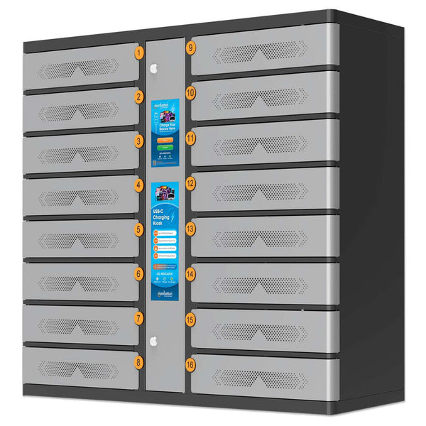 Manhattan Kiosk Laptop Charging Cabinet USB-C 65W 16-bay (individual compartment - PIN locked), Suitable for USB-C laptops (to 17.3"), iPads, MacBooks, Chromebooks, other USB-C devices, Bays 448x328x120mm, USB-C charging cables included,Cabinet, UK & EU