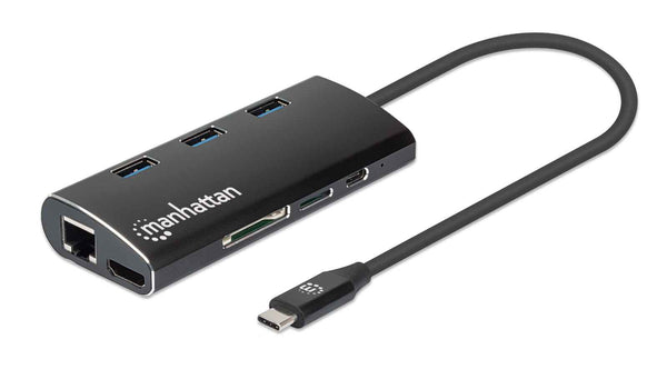 Manhattan USB-C Dock/Hub with Card Reader, Ports (x6): Ethernet, HDMI, USB-A (x3) and USB-C, With Power Delivery (100W) to USB-C Port (Note additional USB-C wall charger and USB-C cable needed), Universal for all devices, Aluminium, Equivalent to DKT30CSD