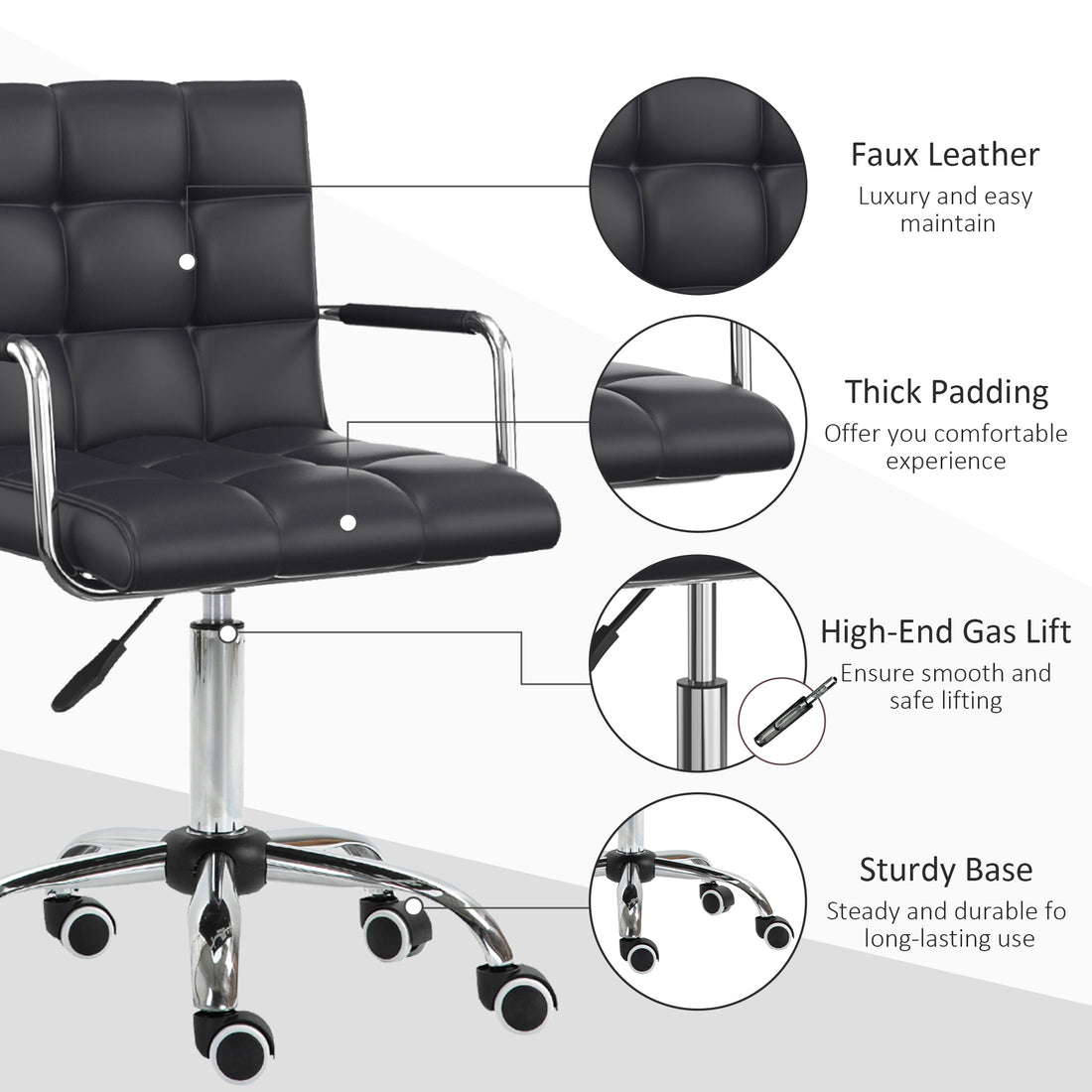 Vinsetto Makeup Vanity Chair, PU Leather Mid Back Office Chair with Adjustable Height, Armrest and Rolling Wheels, Black