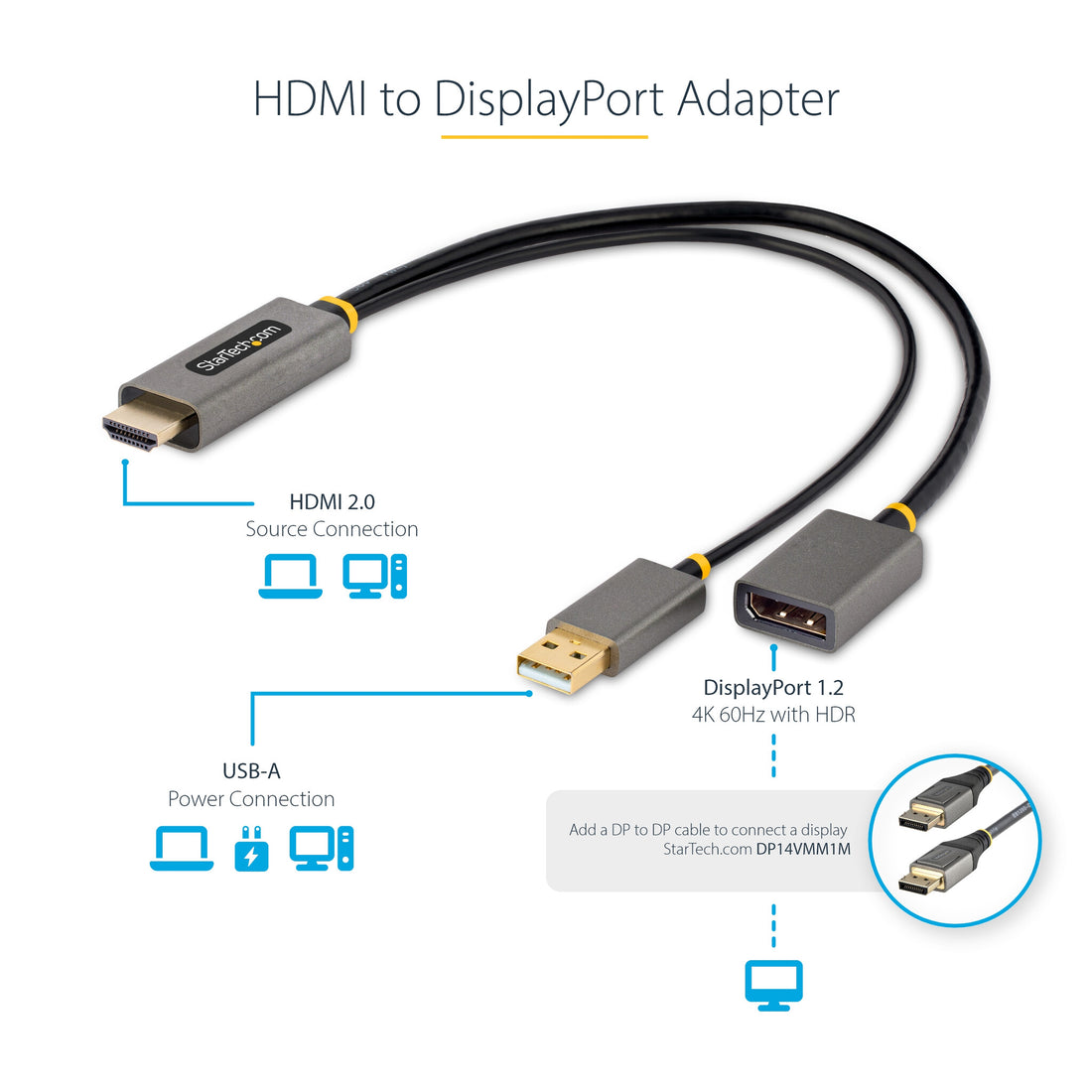 StarTech.com 1ft (30cm) HDMI to DisplayPort Adapter Cable, Active 4K 60Hz HDMI 2.0 to DP 1.2 Converter, HDR - image 8