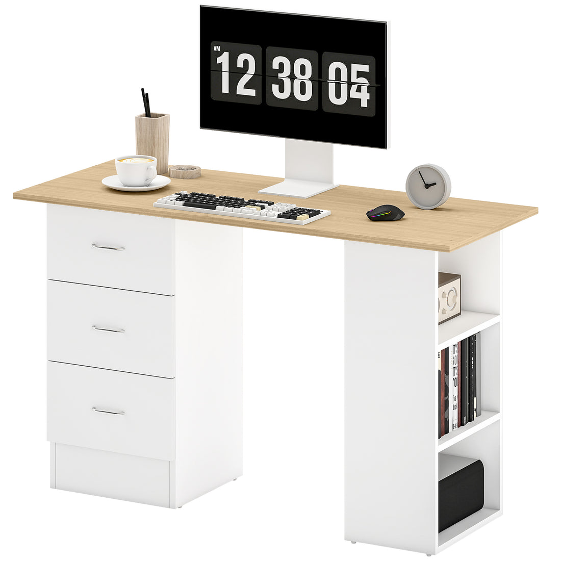 HOMCOM Computer Desk with Drawers, Home Office Desk, Writing Table, PC Workstation with 3 Storage Shelves for Working, Study, 120 x 49 x 72 cm, Natural Wood Finish and White