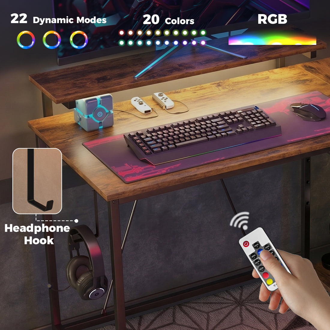HOMCOM Reversible 'L' LED Light Gaming/Work Desk - Rustic Brown