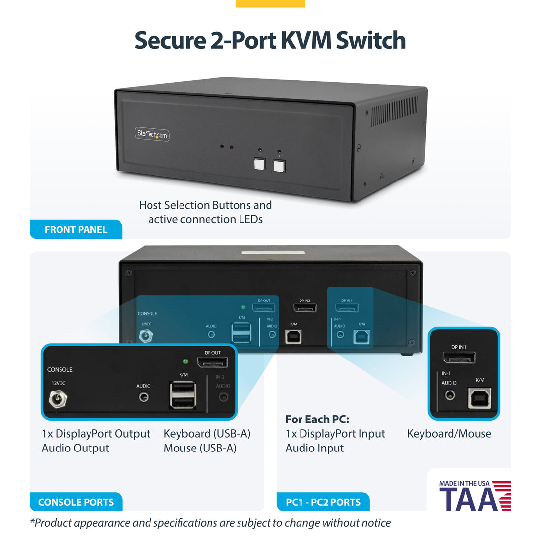 StarTech.com Secure 2-Port KVM Switch, DisplayPort, 4K 60Hz, NIAP 4.0 Desktop KVM, Metal Housing, Made in the - image 4