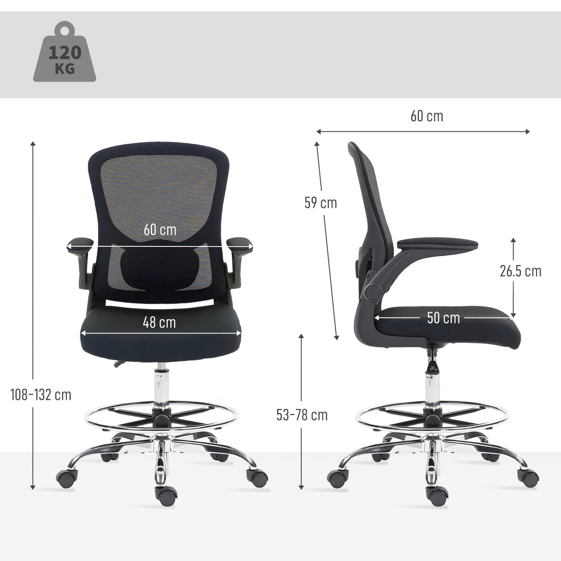 HOMCOM Draughtsman Chair, with Adjustable Lumbar - Black