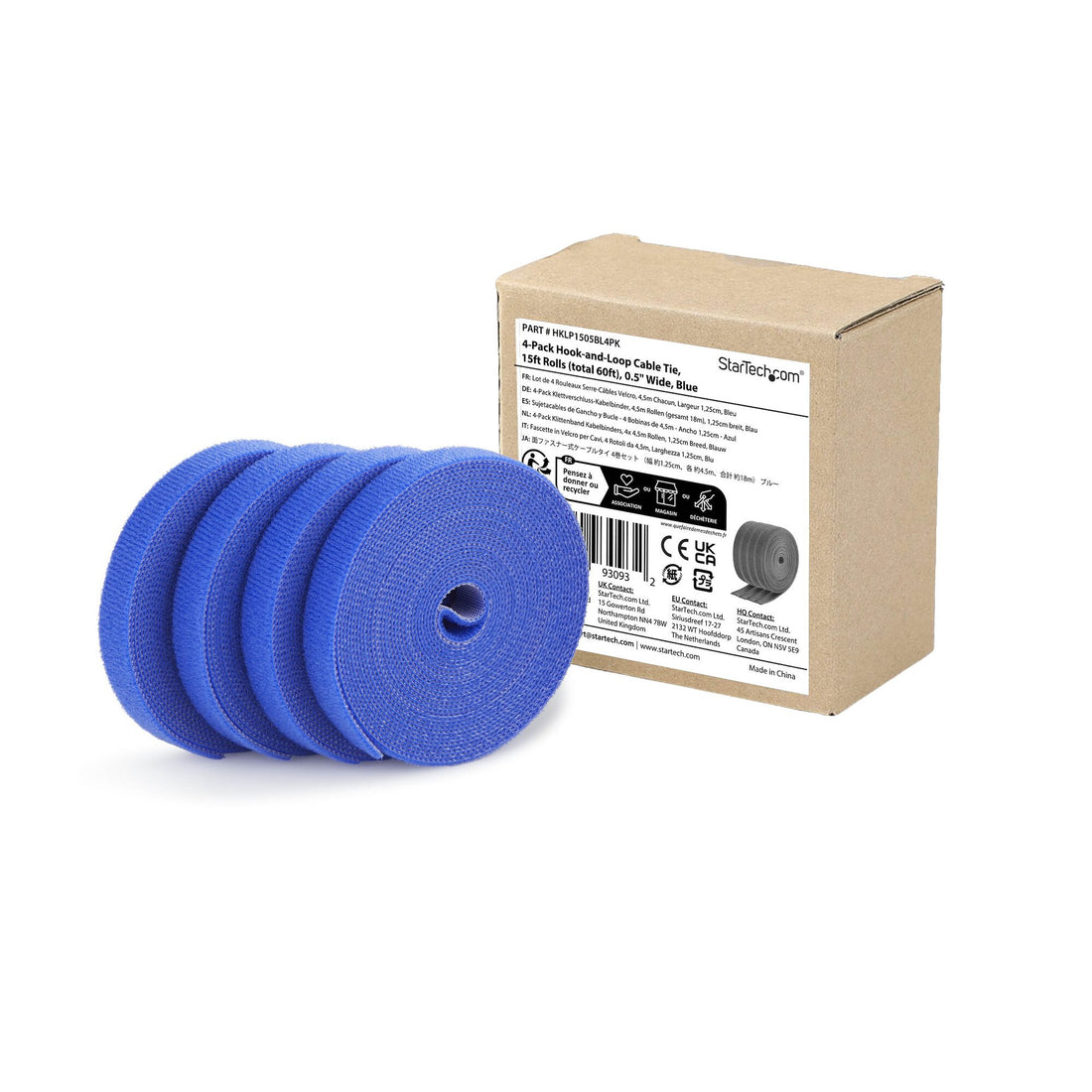 StarTech.com 4-pack 15ft (4.6m) Hook and Loop Roll, 0.5in Wide, Blue, Cut-to-Size Reusable Cable Ties - image 5