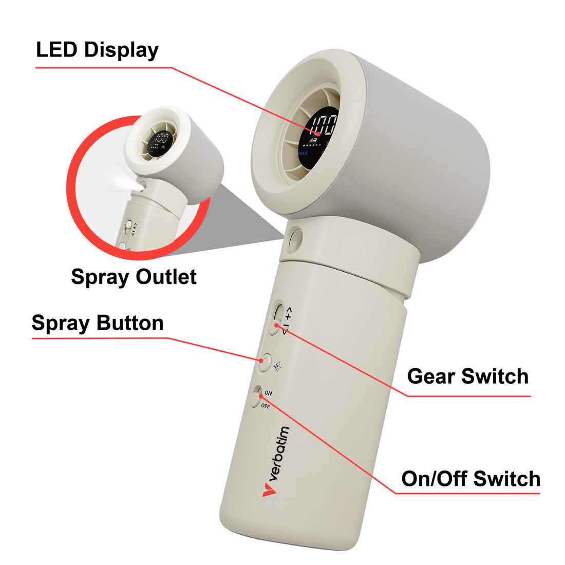 Verbatim Cool 'n' Go Aqua Breeze Handheld Fan, Portable Cooling with Refreshing Mist Spray - White/Silver - image 4