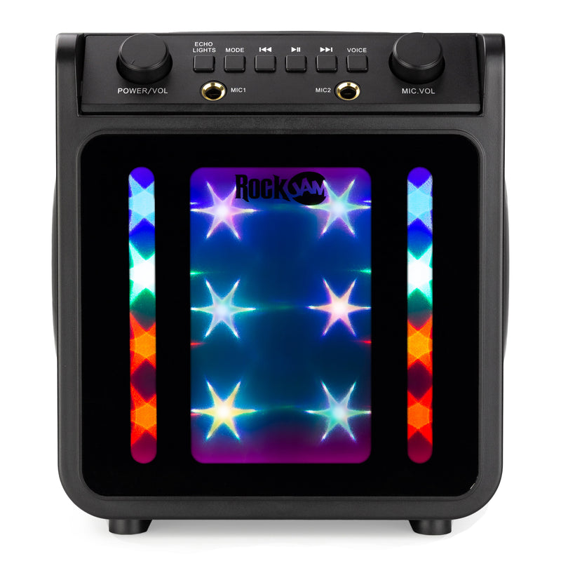 RockJam 10-Watt Rechargeable Bluetooth Karaoke Machine with Two Microphones, Voice Changing Effects & LED Lights