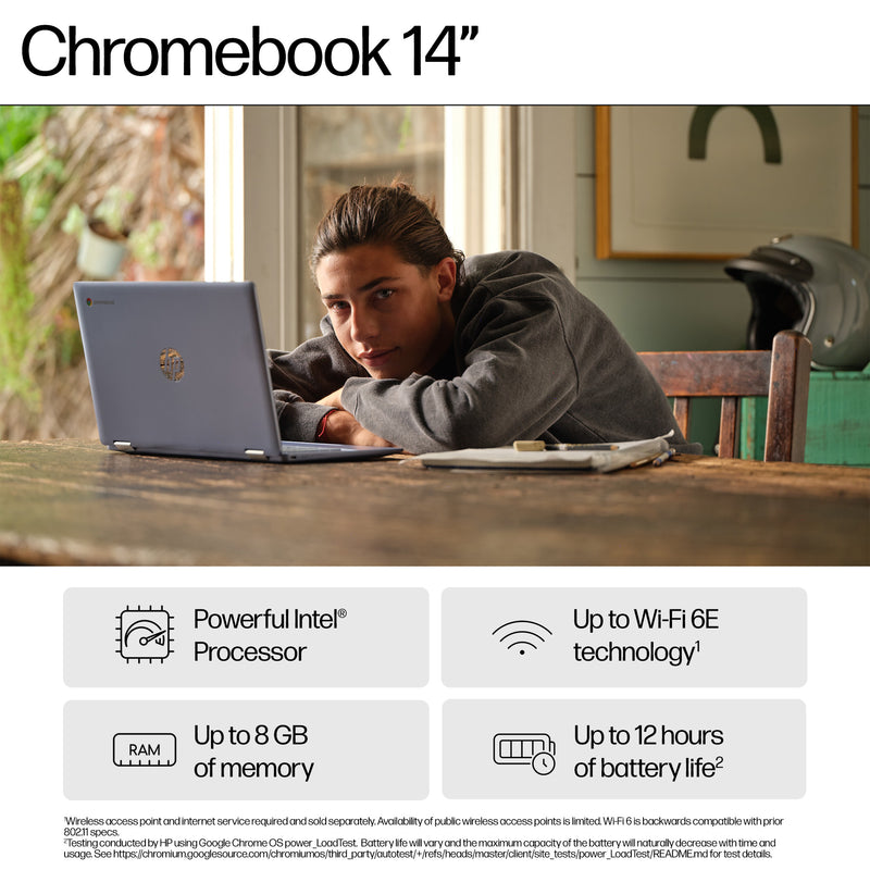 HP Chromebook 14a-nf0002na Intel® N N100 35.6 cm (14") HD 4 GB LPDDR5-SDRAM 128 GB eUFS Wi-Fi 6E (802.11ax) ChromeOS Silver