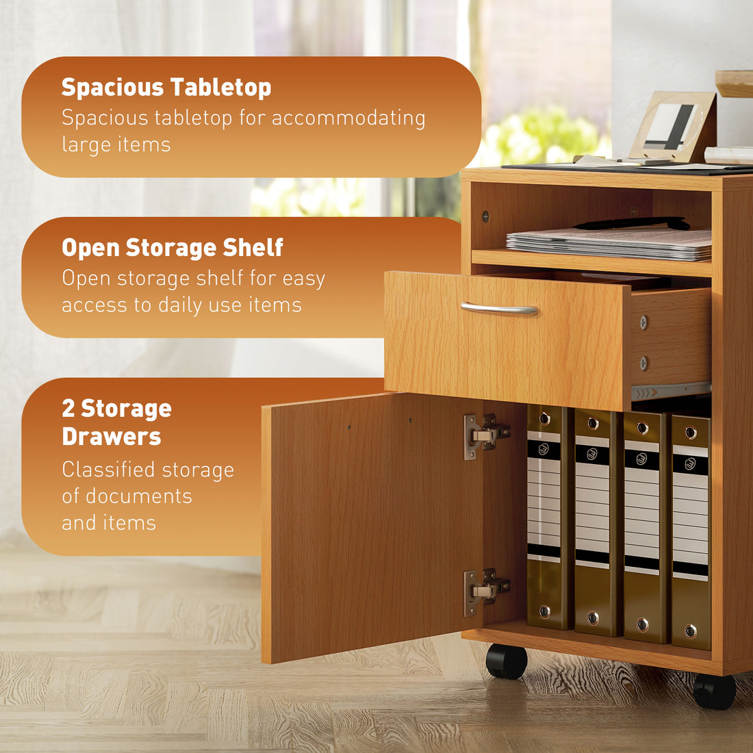 HOMCOM Filing Cabinet, Mobile File Cabinet with 2 Drawers, Office Home Organiser on Wheels, Natural Wood Finish