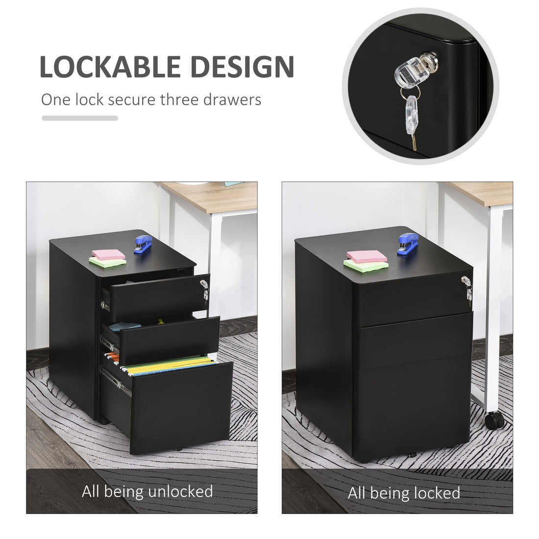 Vinsetto Lockable Cabinet, Rolling Filing Cabinet with 3 Drawers, Steel Office Drawer Unit for A4, Letter, Legal Sized Files