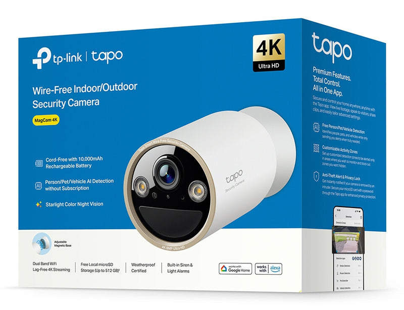 TP-Link Tapo Wire-Free Indoor/Outdoor Security Camera SPEC:4K UHD (3840x2160), H.265/H.264 Supported, 16x UHD Digital Zoom, 2.4/5 GHz Dual Band Wi-Fi, 10000mAh Rechargeable Lithium-ion Battery