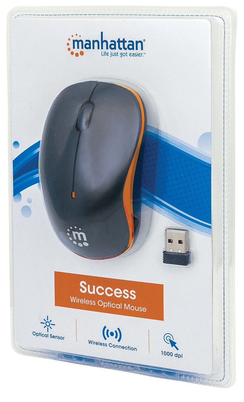 Manhattan Success Wireless Mouse, Black/Orange, 1000dpi, 2.4Ghz (up to 10m), USB, Optical, Three Button with Scroll Wheel, USB micro receiver, AA battery (included), Low friction base, Three Year Warranty