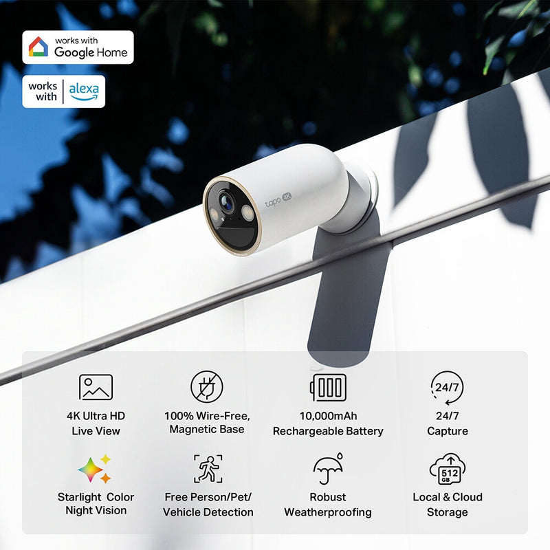 TP-Link Tapo Wire-Free Indoor/Outdoor Security Camera SPEC:4K UHD (3840x2160), H.265/H.264 Supported, 16x UHD Digital Zoom, 2.4/5 GHz Dual Band Wi-Fi, 10000mAh Rechargeable Lithium-ion Battery