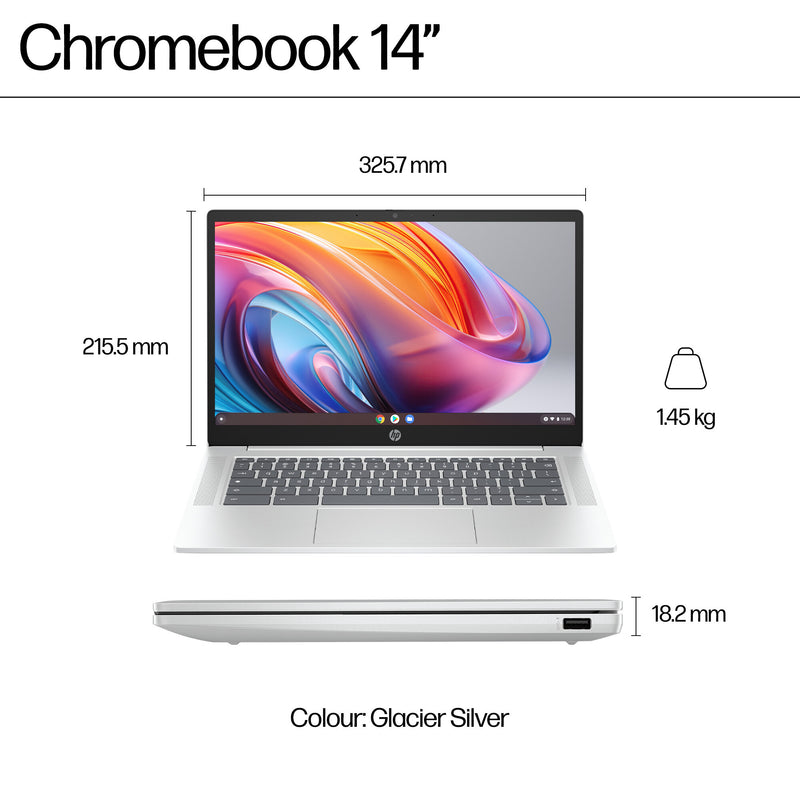 HP Chromebook 14a-nf0002na Intel® N N100 35.6 cm (14") HD 4 GB LPDDR5-SDRAM 128 GB eUFS Wi-Fi 6E (802.11ax) ChromeOS Silver