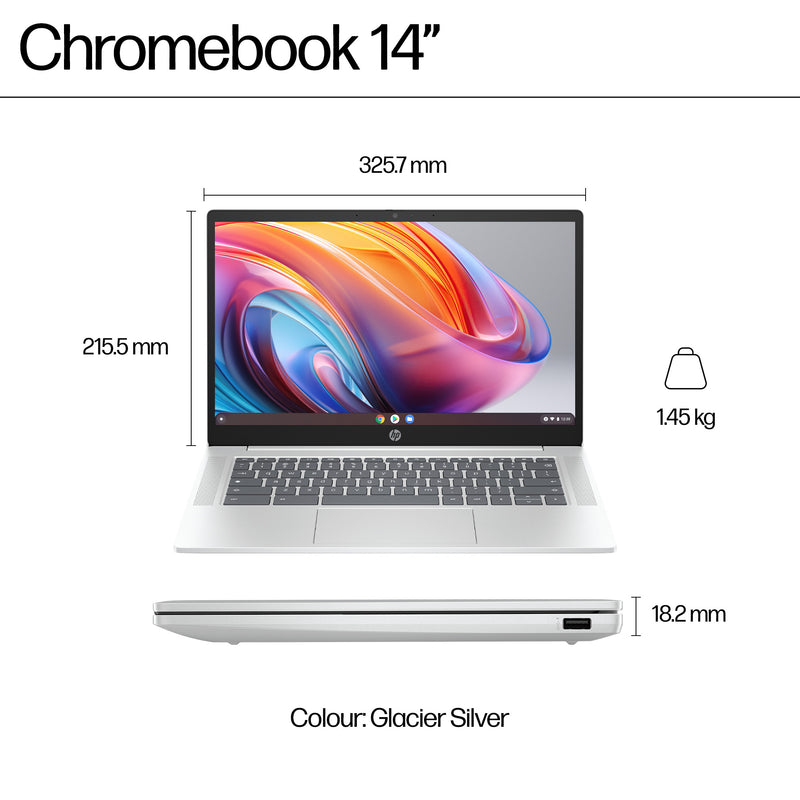 HP Chromebook 14a-nf0002na Intel® N N100 35.6 cm (14") HD 4 GB LPDDR5-SDRAM 128 GB eUFS Wi-Fi 6E (802.11ax) ChromeOS Silver