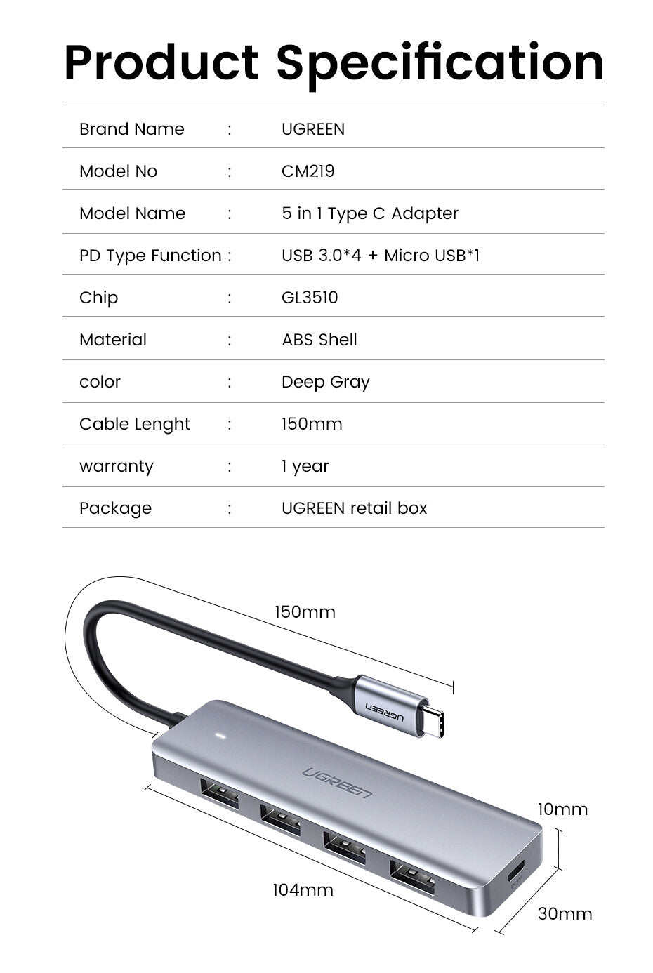 Ugreen 70336 interface hub USB 3.2 Gen 1 (3.1 Gen 1) Type-C 5000 Mbit/s - image 12