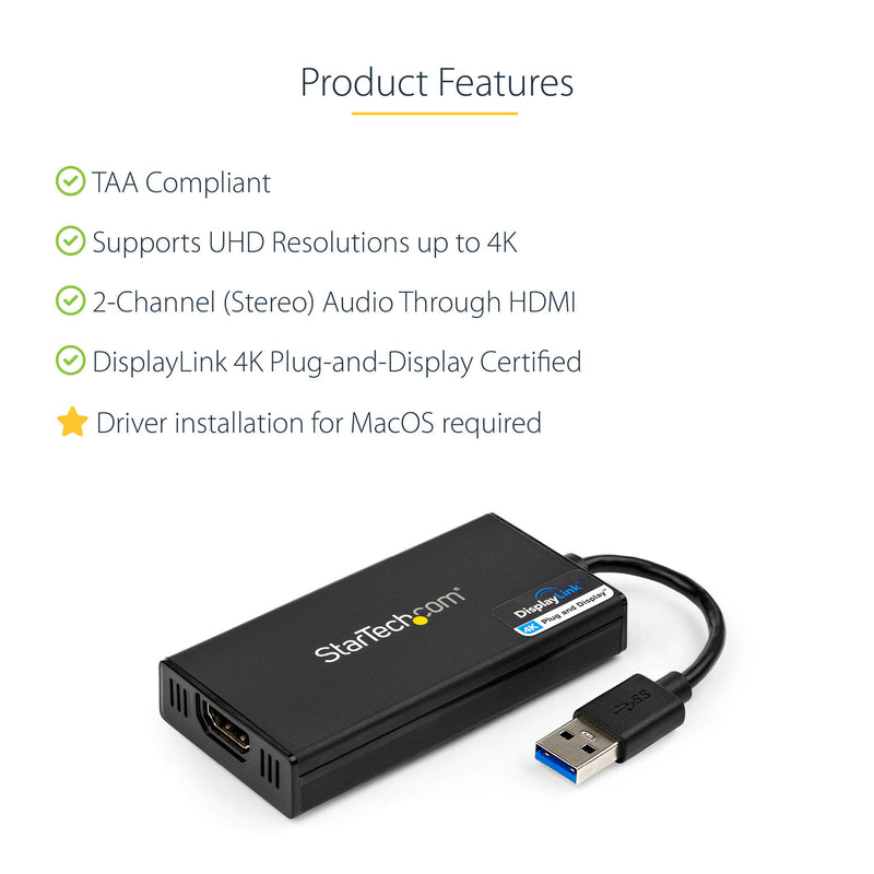 StarTech.com USB 3.0 to HDMI Adapter - 4K 30Hz Ultra HD - DisplayLink Certified - USB Type-A to HDMI Display Adapter Converter for Monitor - External Video & Graphics Card - Mac & Windows