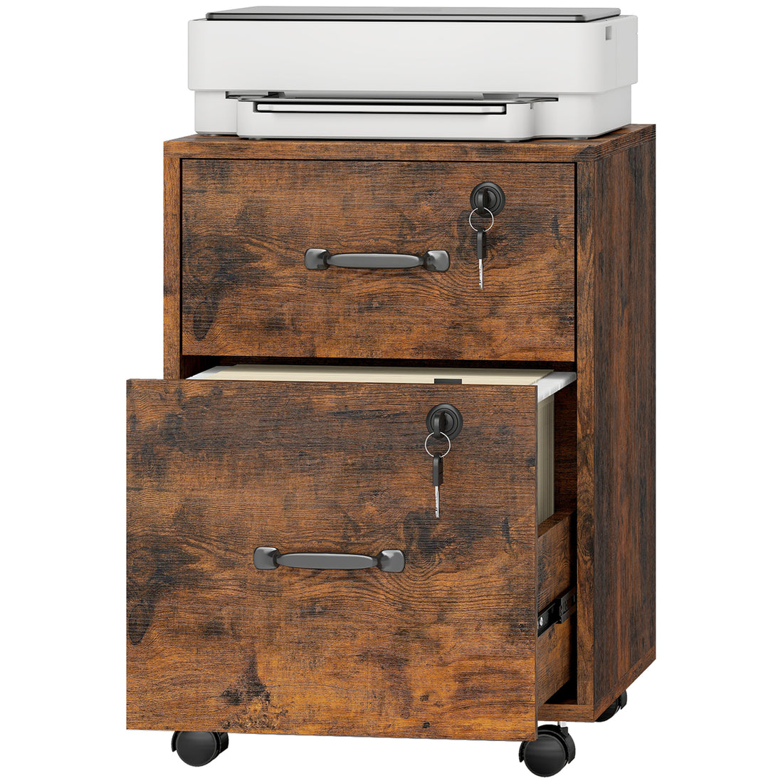 HOMCOM Rolling File Cabinet with 2 Drawers, Mobile Filing Cabinet with Hanging File Folder for Letter Sized Documents, Rustic Brown