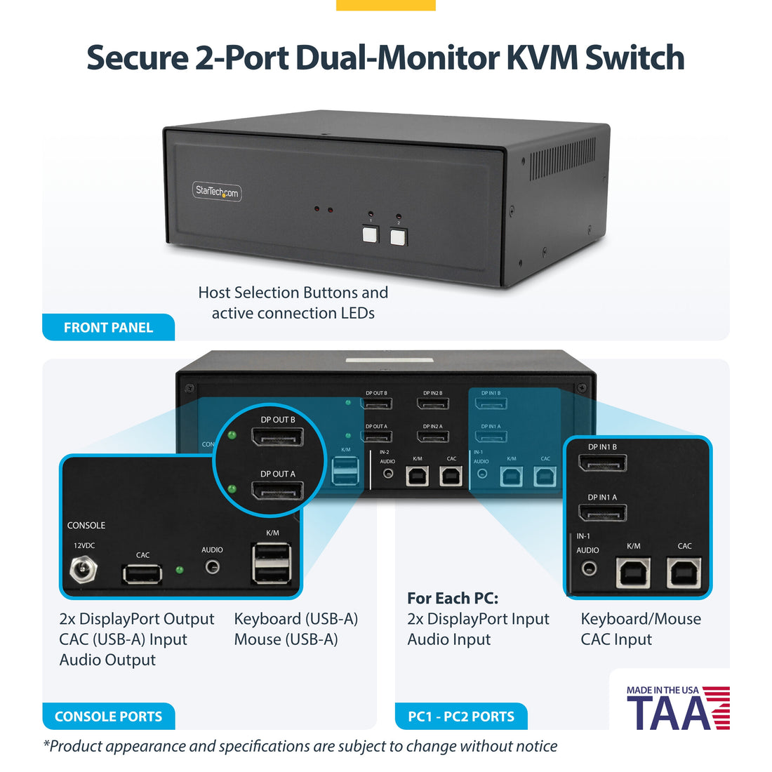 StarTech.com Secure 2-Port Dual-Monitor KVM Switch, DisplayPort, 4K 60Hz, NIAP 4.0 Desktop KVM, CAC, Metal - image 4