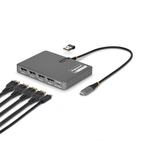 StarTech.com USB-C to Quad-Monitor Workstation Adapter, 4K 60Hz DisplayPort, 140W PD Passthrough for Laptop Charging, USB Port for Wireless Keyboard / Mouse, TAA