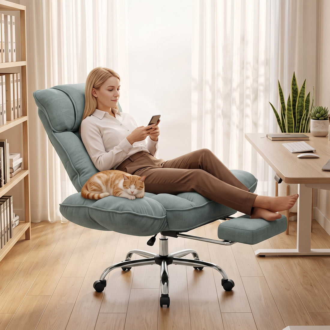 HOMCOM Executive Office Chair Height Adjustable Desk Chair Reclining Flip-up Armrest Footrest, Light Green