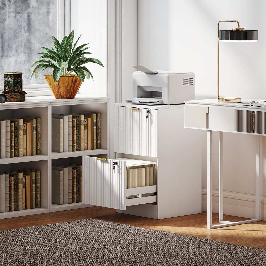 HOMCOM Filing Cabinet, Fluted Vertical File Cabinet with 2 Lockable Drawers and Hanging Rails, White