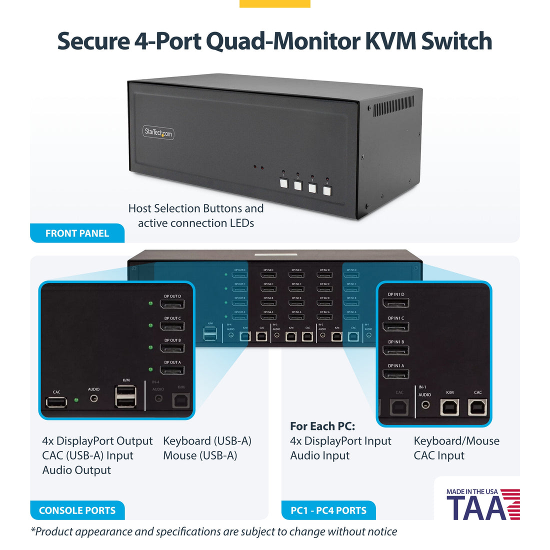 StarTech.com Secure 4-Port Quad-Monitor KVM Switch, DisplayPort, 4K 60Hz, NIAP 4.0 Desktop KVM, CAC, Metal - image 4
