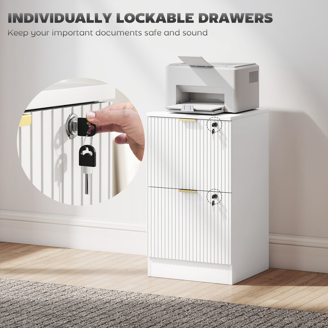 HOMCOM Filing Cabinet, Fluted Vertical File Cabinet with 2 Lockable Drawers and Hanging Rails, White