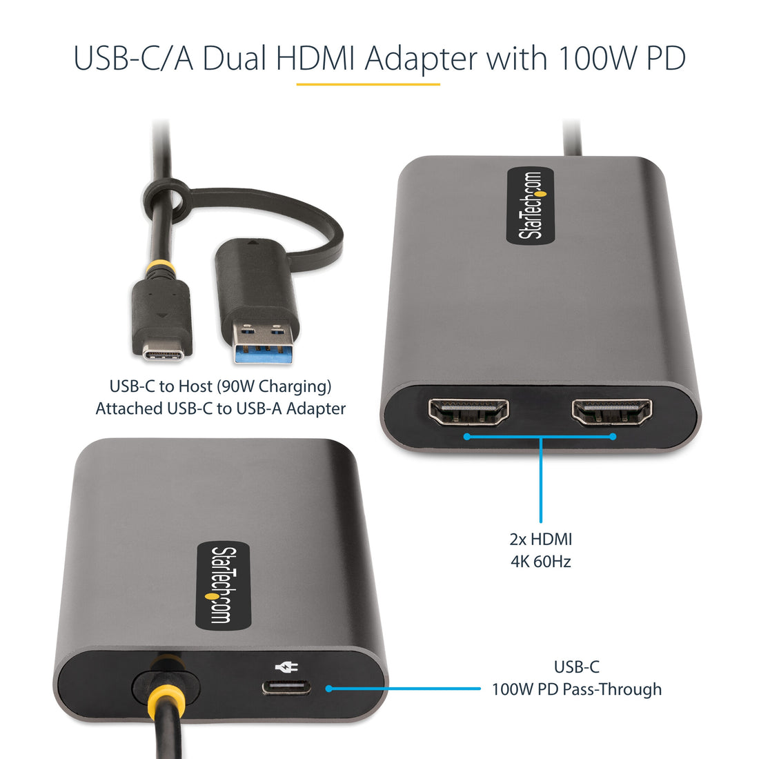 StarTech.com USB-C to Dual-HDMI Adapter - USB-C or A to 2x HDMI - 4K 60Hz - 100W Power Delivery Pass-Through - image 9