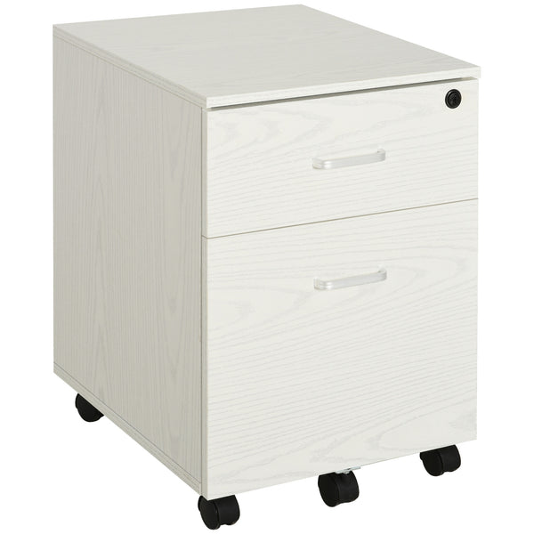 Vinsetto 2-Drawer Locking Office Filing Cabinet w/ 5 Wheels Rolling Storage Hanging A4 Cupboard Home Organisation White Wood Grain
