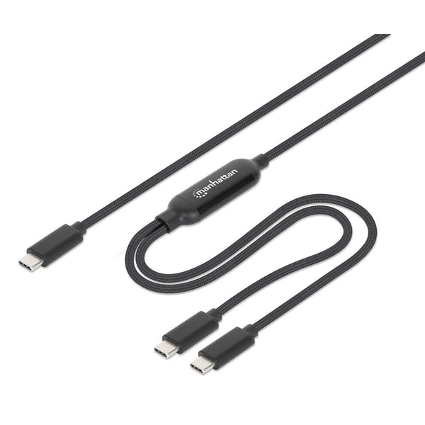 Manhattan Dual USB-C Charging Cable, 2m, One USB-C Input to Two USB-C Outputs, Up to 100W for One Device or 70W + 28W for Two Devices, Smart Power Splitter, Braided Jacket, Aluminium Connector Housings, Black