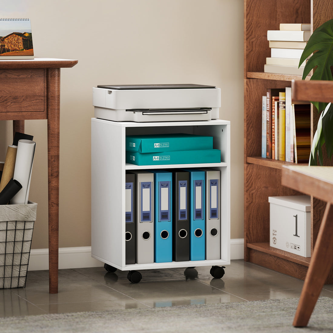 HOMCOM 2-Tier Printer Stand with Storage, Under Desk Printer Cart on Wheels, White