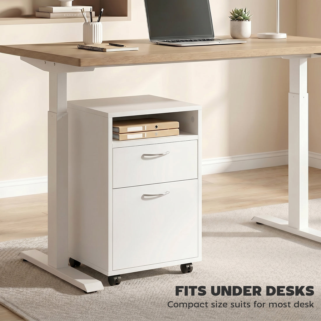 HOMCOM Filing Cabinet, Mobile File Cabinet with 2 Lockable Drawers, Office Home Organiser on Wheels for A4, Letter-Size File Folders, Mobile Printer with Open Shelf, White