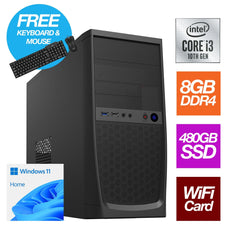 Intel i3 10100 Quad Core, 8 Threads, 3.60GHz (4.30GHz Boost) CPU, 8GB DDR4 RAM, 480GB SSD, Wi-Fi Card Fitted. Windows 11 Home Installed. Home & Office with Free Keyboard and Mouse - Pre-Built PC